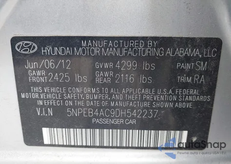 2013 Hyundai Sonata Gls z USA, uszkodzony, nr VIN 5NPEB4AC9DH542237